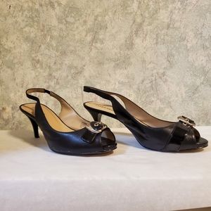 Ellen Tracy Valene Peep Toe Slingback Pumps with Patent & Buckle Accents 9M